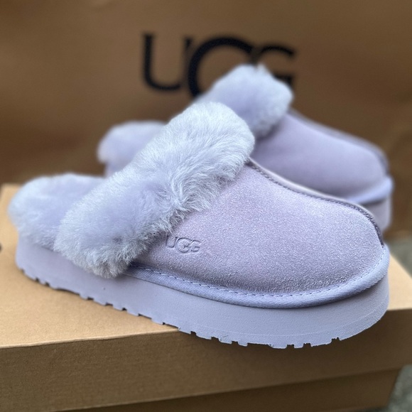 UGG Disquette Platform Sheepskin Suede Fur Lilac Lavender Slip On Shoe Sz 8 NEW - Picture 4 of 16